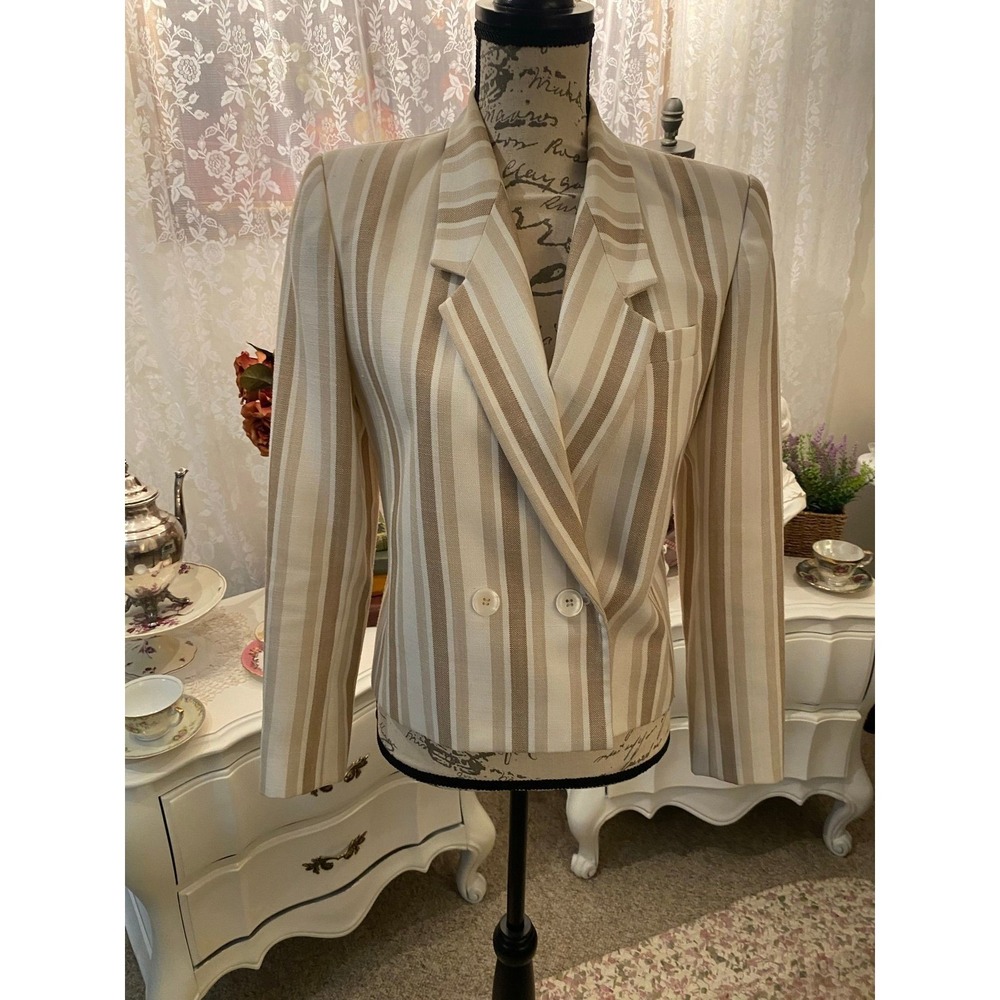Vintage Sasson Striped Double Breasted Blazer Tan Beige Cream Size 4/5
